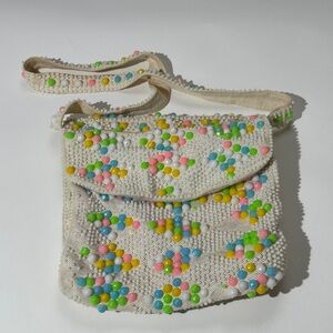 Vintage Ivory & Multi-Color Beaded Purse with Fabric Accents